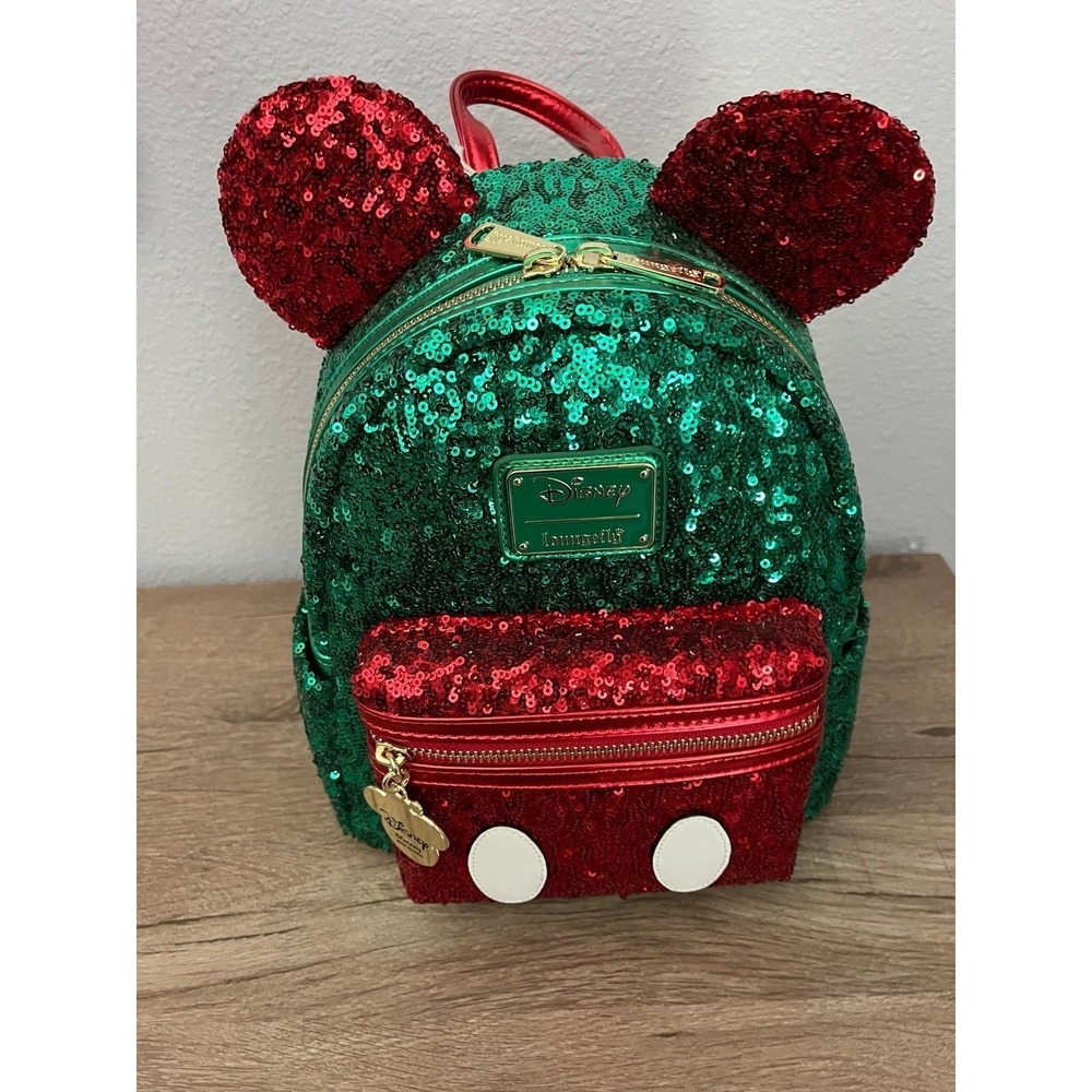 Loungefly‎ Disney Mickey Mouse Christmas Red and Green Sequin Mini Backpack